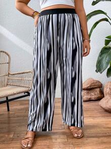 SHEIN Holidaya Plus Striped Print Wide Leg Trousers - Multicolor - View 6