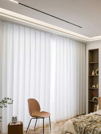 1pc Solid Color Sheer Curtain, Minimalist Polyester Single Panel Sheer Curtain For Home
