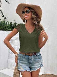 SHEIN Frenchy 拼接水溶蕾絲T恤 - 軍綠色 - 查看 3
