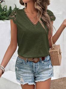 SHEIN Frenchy 拼接水溶蕾絲T恤 - 軍綠色 - 查看 5