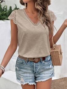 SHEIN Frenchy 蕾絲拼接罩袖T恤 - 杏色 - 查看 3