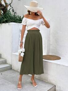 SHEIN Frenchy Quần nữ Xếp li Quần paper-bag màu trơn Giải trí - xanh quân đội - Xem 4