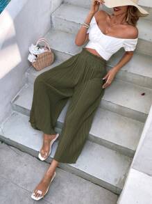 SHEIN Frenchy Quần nữ Xếp li Quần paper-bag màu trơn Giải trí - xanh quân đội - Xem 5