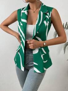 SHEIN Privé 圖案印花西裝領馬甲西裝外套 - 綠色 - 查看 3