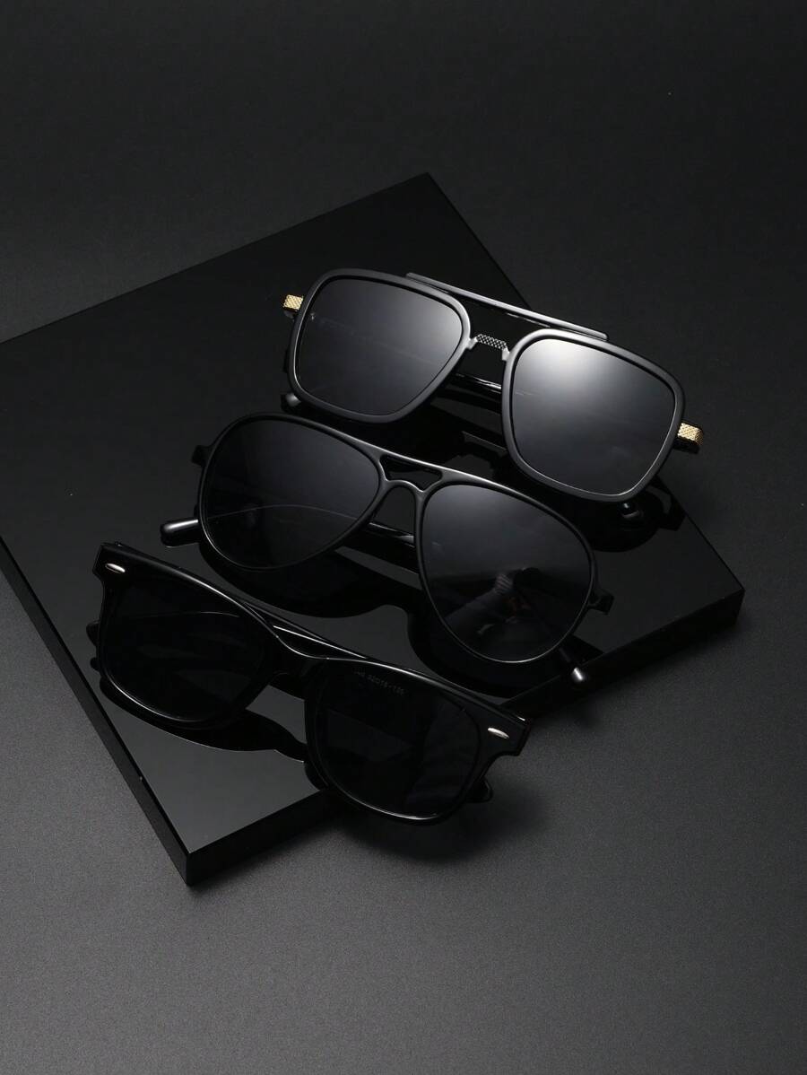 3pairs Men Aviator & Square Frame Fashionable Fashion Glasses Beach Accessories For Outdoor Casual Shades Accessories Beach Accessories Glasses Shades For Summer Beach Vacation,Outdoor,Travel - Black - View 1