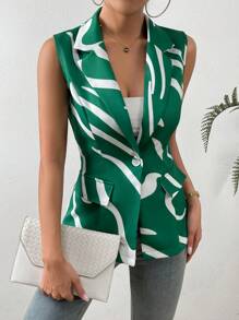 SHEIN Privé 圖案印花西裝領馬甲西裝外套 - 綠色 - 查看 6