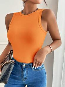 SHEIN PETITE 素色條紋針織背心上衣 - 橘色 - 查看 4