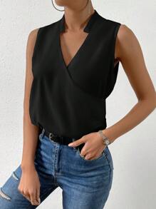 SHEIN Essnce Solid Notched Neck Sleeveless Blouse - Black - View 6