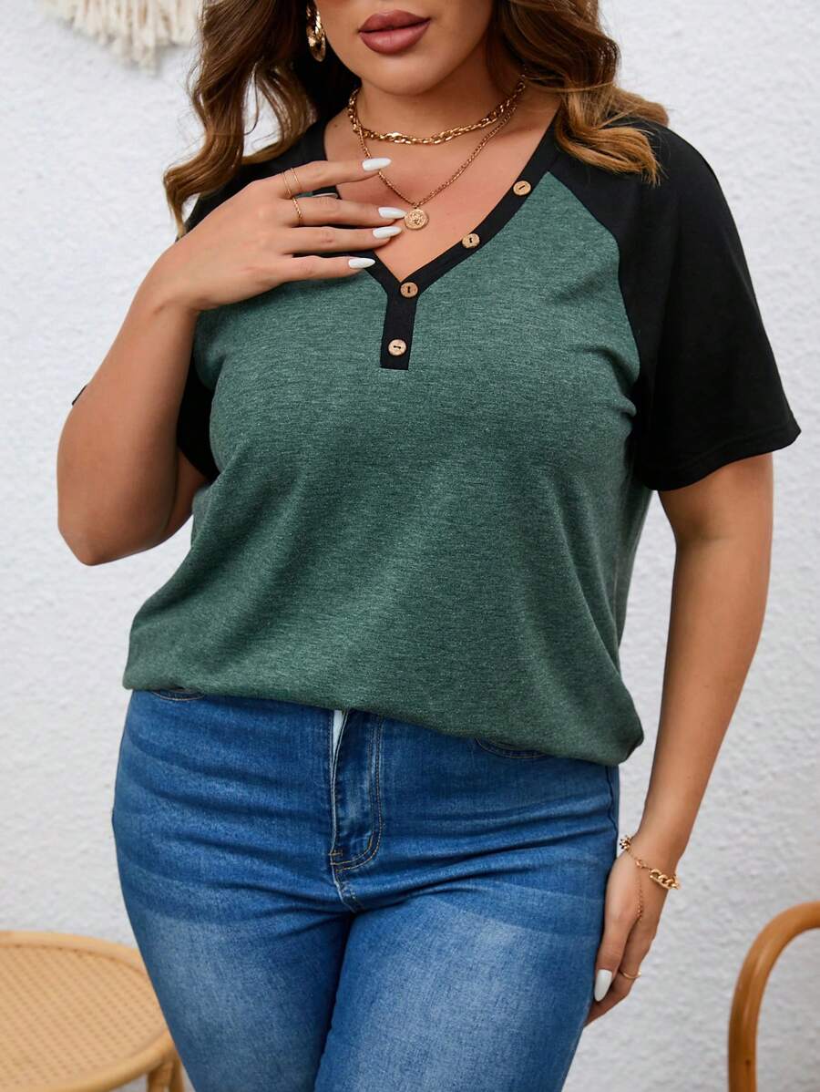 SHEIN LUNE Framsida Knappar Färgblock Enkel Plus Size T-shirt - Mörk Grön - Visa 1