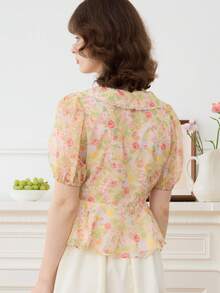 Simple Retro 滿版印花泡泡袖荷葉邊下擺襯衫 - 彩色 - 查看 2