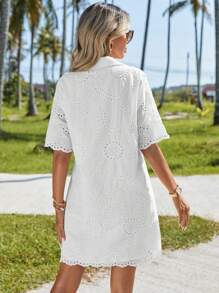 SHEIN Clasi Eyelet Embroidery Button Front Shirt Dress - White - View 6