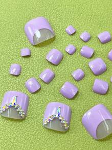 24 cái Vuông Ngắn 3D Rhinestone Trang Trí Móng Chân Giả & 1 cái Dũa Móng Tay & 1 tấm Băng - Nhiều màu - Xem 2