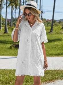 SHEIN Clasi Eyelet Embroidery Button Front Shirt Dress - White - View 4