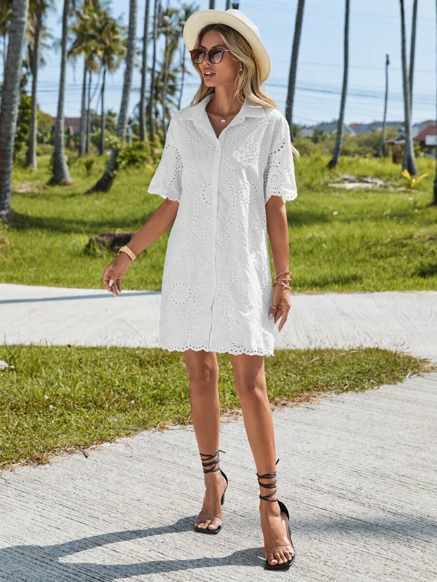 SHEIN Clasi Eyelet Embroidery Button Front Shirt Dress - White - View 1