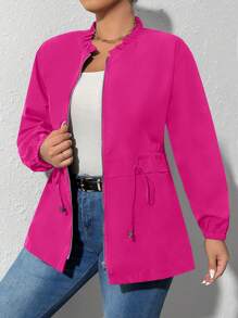 Celure áo khoác kích thước lớn Dây kéo viền lá sen màu trơn Giải trí - Màu Hồng Tươi - Xem 1