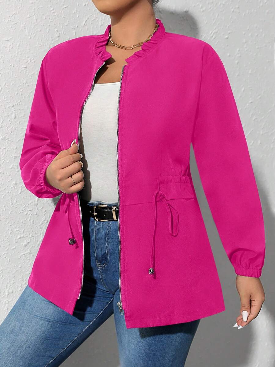 Celure áo khoác kích thước lớn Dây kéo viền lá sen màu trơn Giải trí - Màu Hồng Tươi - Xem 1