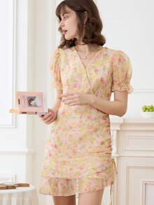 Simple Retro 滿版印花泡泡袖褶邊荷葉邊連衣裙 - 彩色 - 查看 3