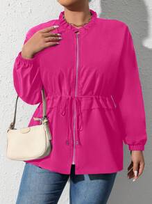 Celure áo khoác kích thước lớn Dây kéo viền lá sen màu trơn Giải trí - Màu Hồng Tươi - Xem 4