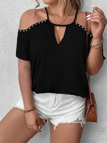 SHEIN LUNE 大碼珍珠串珠挖肩鏤空T恤 - 黑色 - 查看 4