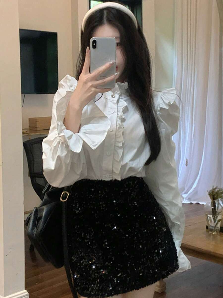 素色荷葉邊前紐扣襯衫 - 白色 - 查看 1