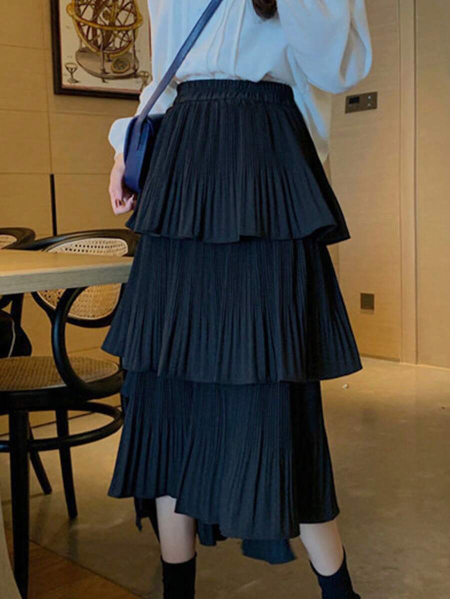 Váy nữ Bất đối xứng phân lớp Uốn nếp màu trơn Giải trí - màu đen - Xem 1