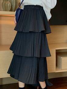 Váy nữ Bất đối xứng phân lớp Uốn nếp màu trơn Giải trí - màu đen - Xem 3