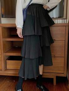 Váy nữ Bất đối xứng phân lớp Uốn nếp màu trơn Giải trí - màu đen - Xem 6