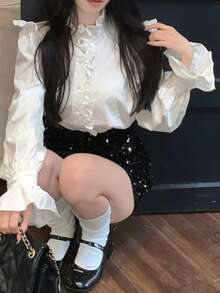 素色荷葉邊前紐扣襯衫 - 白色 - 查看 5