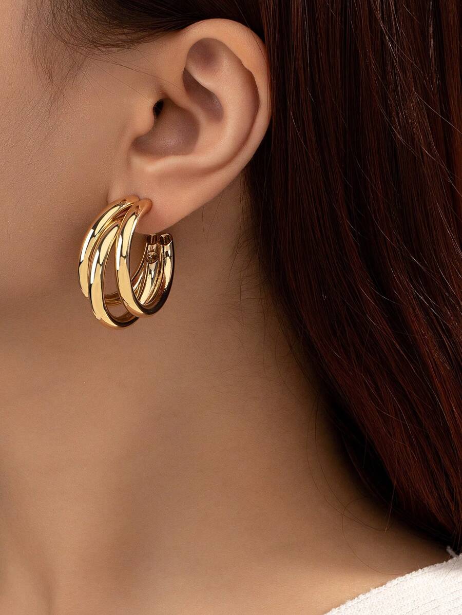 Minimalist Layered Cuff Hoop Earrings - Yellow Gold - View 1