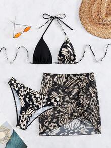 Halter Triangle Bikini Set With Beach Skirt - Multicolor - View 3