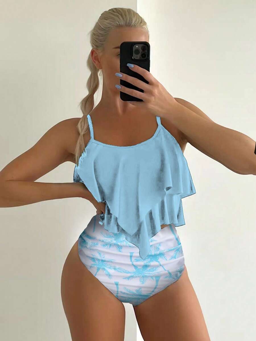 SHEIN Swim Summer Beach Tropical Print Hanky Hem High Waisted Tankini - Blue - View 1