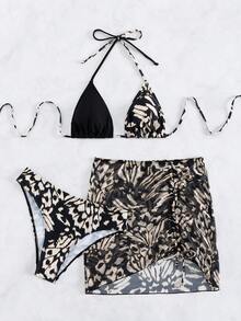 Halter Triangle Bikini Set With Beach Skirt - Multicolor - View 6