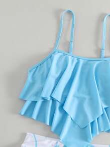 SHEIN Swim Summer Beach Tropical Print Hanky Hem High Waisted Tankini - Blue - View 3