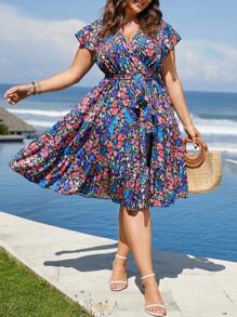 SHEIN Clasi Váy boho in hoa tay bèo nhún viền thắt lưng cỡ lớn, dành cho mùa hè - Nhiều màu - Xem 1