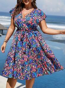 SHEIN Clasi Váy boho in hoa tay bèo nhún viền thắt lưng cỡ lớn, dành cho mùa hè - Nhiều màu - Xem 4