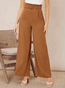 Firerie Pantalones de pierna ancha unicolor con cinturón - Marrón - Ver 3