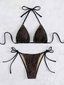 SHEIN Swim Summer Beach Zebra Stripe Halter Tie Side Triangle Bikini Set - Black - View 1