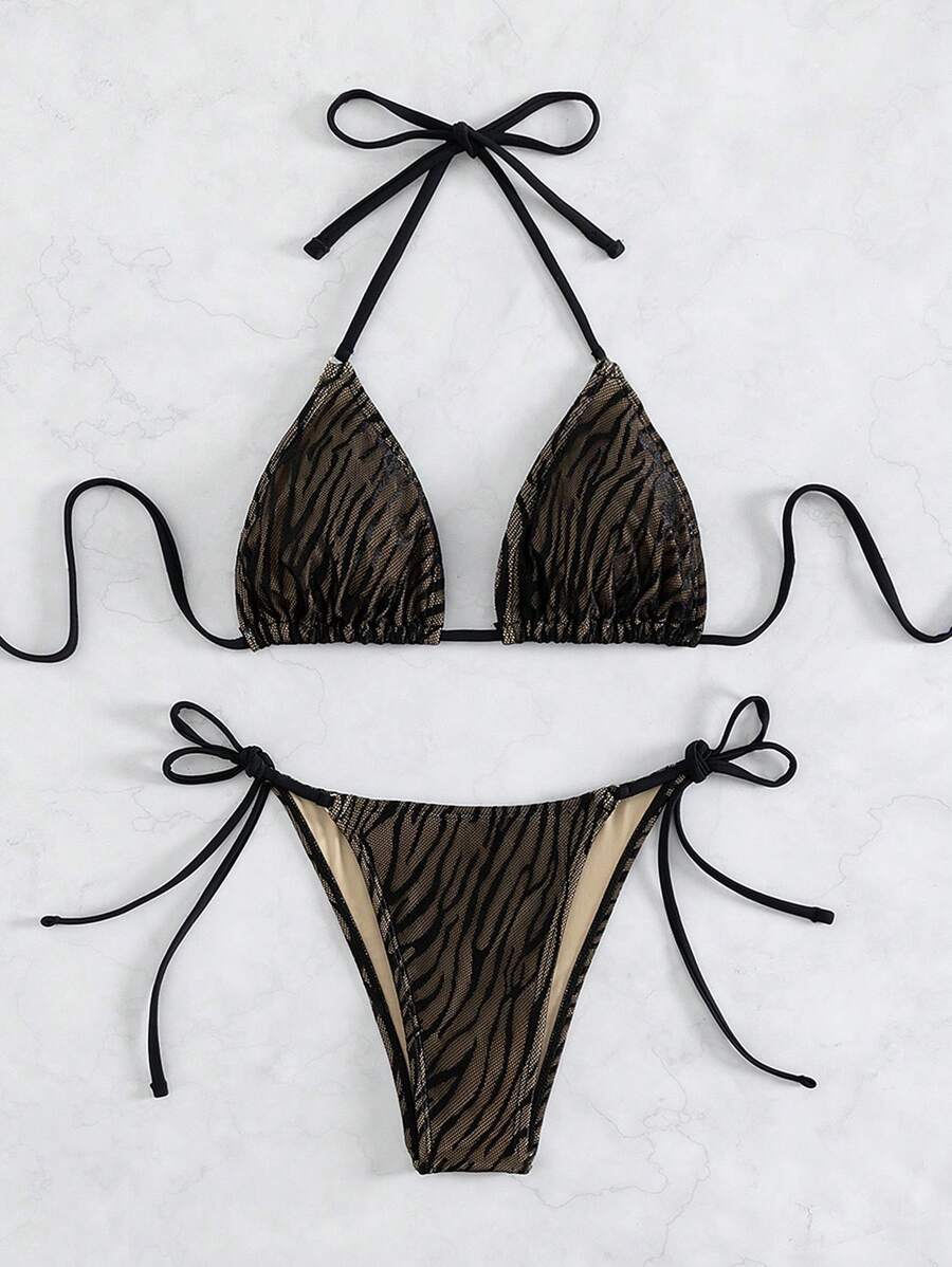 SHEIN Swim Summer Beach Zebra Stripe Halter Tie Side Triangle Bikini Set - Black - View 1