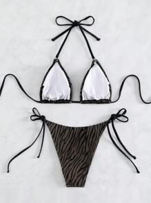 SHEIN Swim Summer Beach Zebra Stripe Halter Tie Side Triangle Bikini Set - Black - View 5
