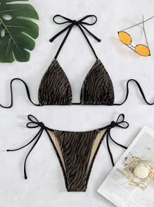 SHEIN Swim Summer Beach Zebra Stripe Halter Tie Side Triangle Bikini Set - Black - View 6