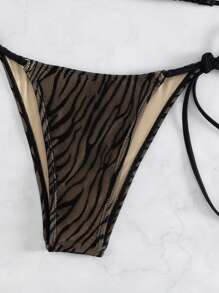 SHEIN Swim Summer Beach Zebra Stripe Halter Tie Side Triangle Bikini Set - Black - View 7