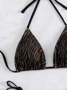 SHEIN Swim Summer Beach Zebra Stripe Halter Tie Side Triangle Bikini Set - Black - View 8