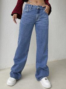 SHEIN EZwear Quần jean nữ Nút Chuỗi Túi Dây kéo màu trơn - Rửa trung bình - Xem 3