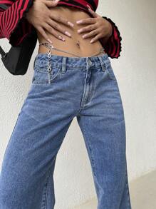 SHEIN EZwear Quần jean nữ Nút Chuỗi Túi Dây kéo màu trơn - Rửa trung bình - Xem 5