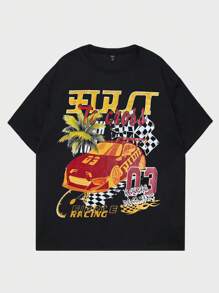 ROMWE MEN Street Life Guys Cotton Car & Letter Graphic Tee - Black - View 1