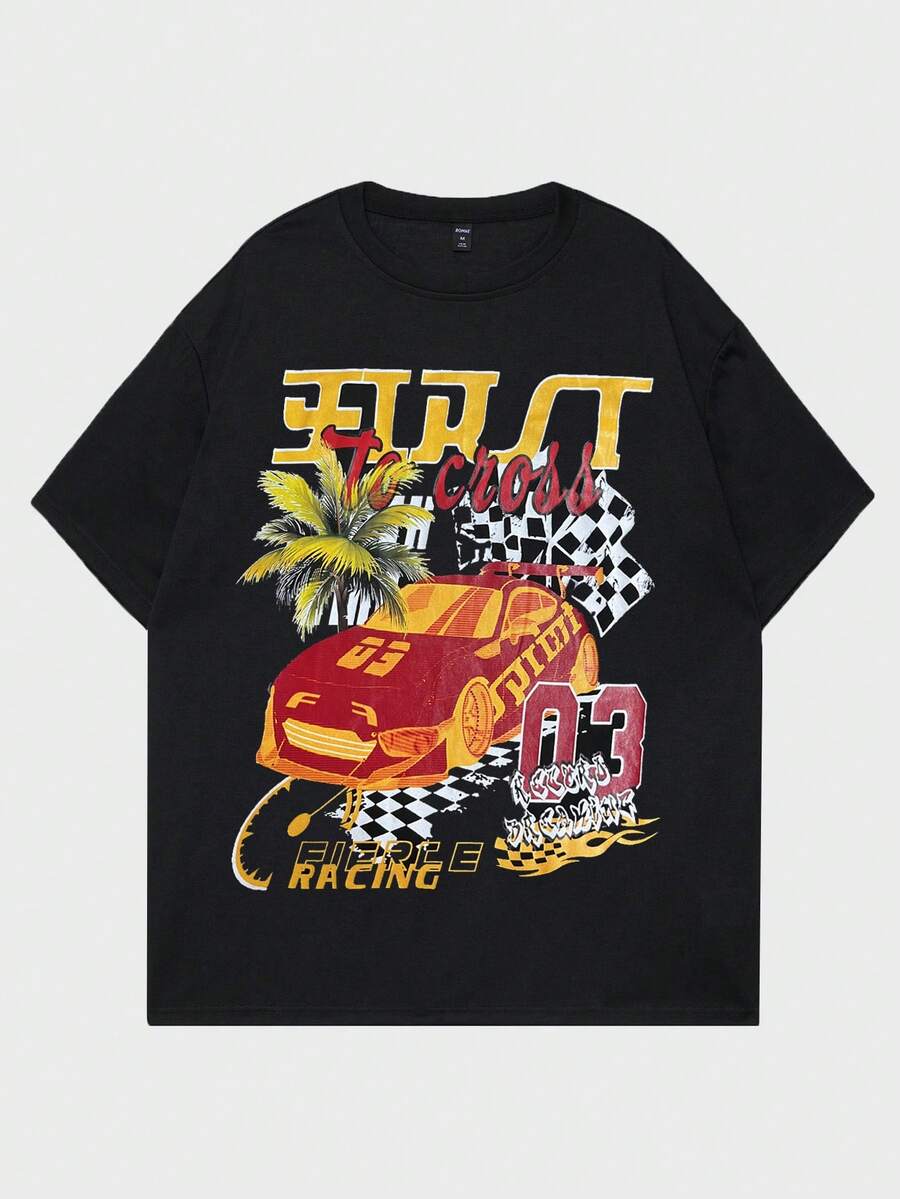 ROMWE MEN Street Life Guys Cotton Car & Letter Graphic Tee - Black - View 1