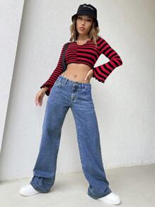 SHEIN EZwear Quần jean nữ Nút Chuỗi Túi Dây kéo màu trơn - Rửa trung bình - Xem 6