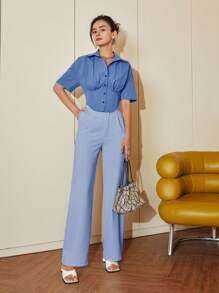 夏季休闲纯色短袖衬衫短款上衣，女士春季服装商务休闲女士度假服装女士