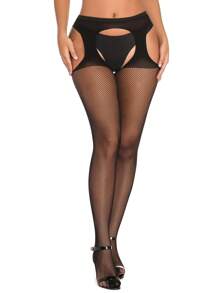 1pair Women Solid Crotchless Fashionable Fishnet Tights For Daily Life - Black - View 2