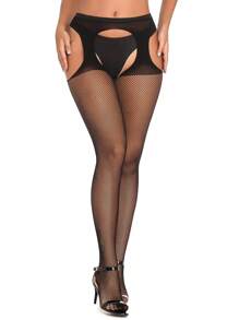 1pair Women Solid Crotchless Fashionable Fishnet Tights For Daily Life - Black - View 3